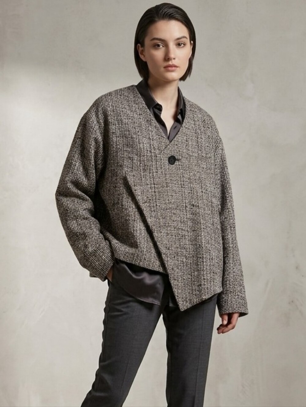 NUNO Co., Ltd Japan 100 % Silk Asymetric Tweed Jacket Neutral Multi-Tone Weave